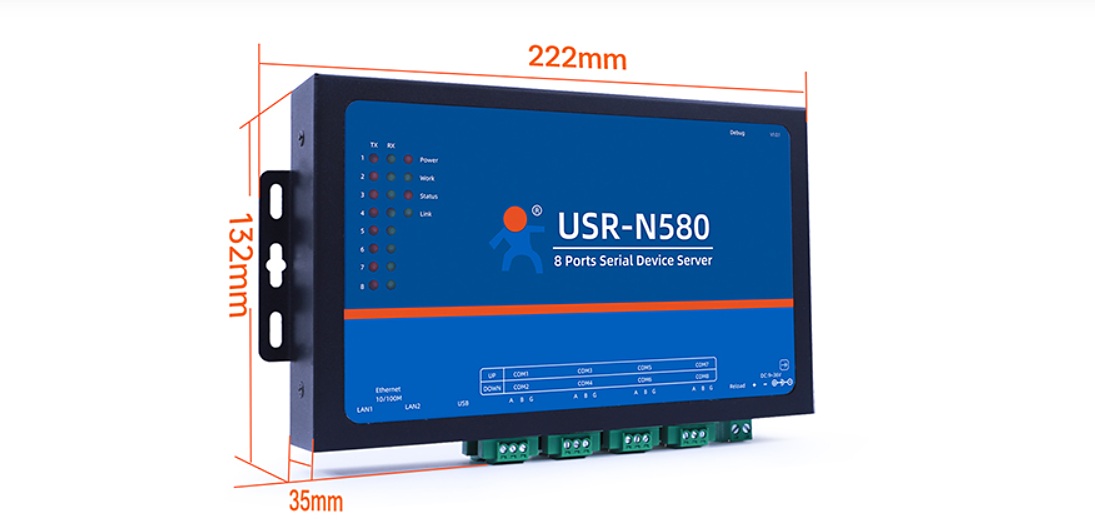 八串口服务器：机身尺寸 222 × 132 × 35 mm，正面 8 路串口指示灯、双网口与 USB